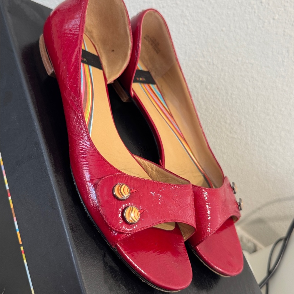 Paul Smith Black Red Vogue Patent Leather Peep Toe Flats‎ size 38/ US 8